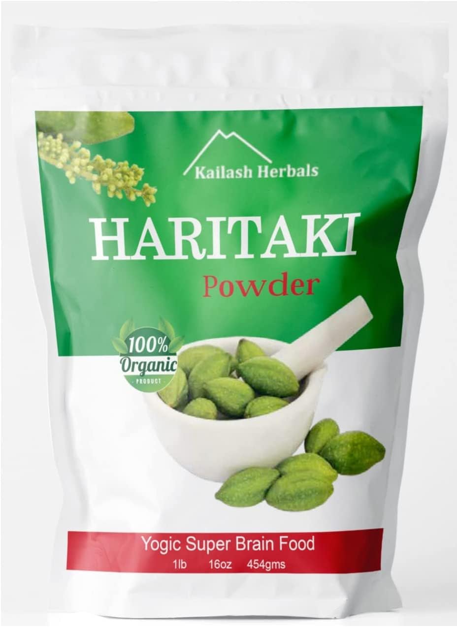 Kailash Herbals Haritaki powder jar front with organic label for digestion support.