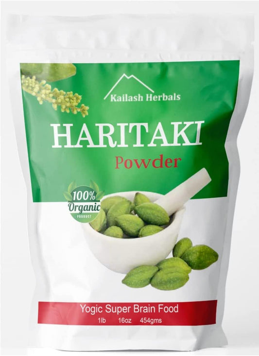 Kailash Herbals Haritaki powder jar front with organic label for digestion support.