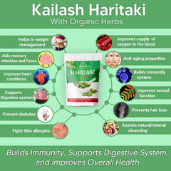 Kailash Herbals Haritaki powder packaging highlighting eco-friendly sourcing.