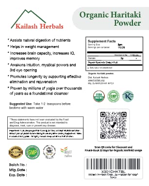 Kailash Herbals Haritaki powder offering digestion and rejuvenation usage ideas.