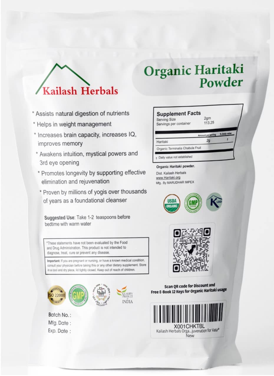 Kailash Herbals Haritaki powder displays USDA Organic seal for purity and trust.