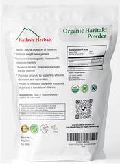 Kailash Herbals Haritaki powder displays USDA Organic seal for purity and trust.
