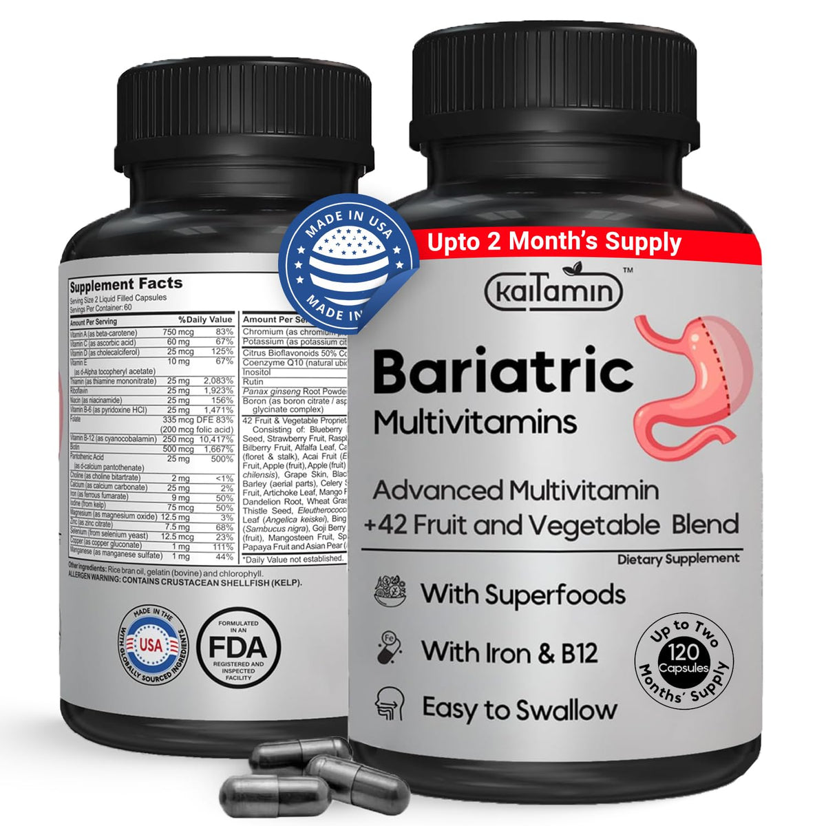 Kaitamin Bariatric Multivitamin with Iron bottle label for post-surgery nutrition support