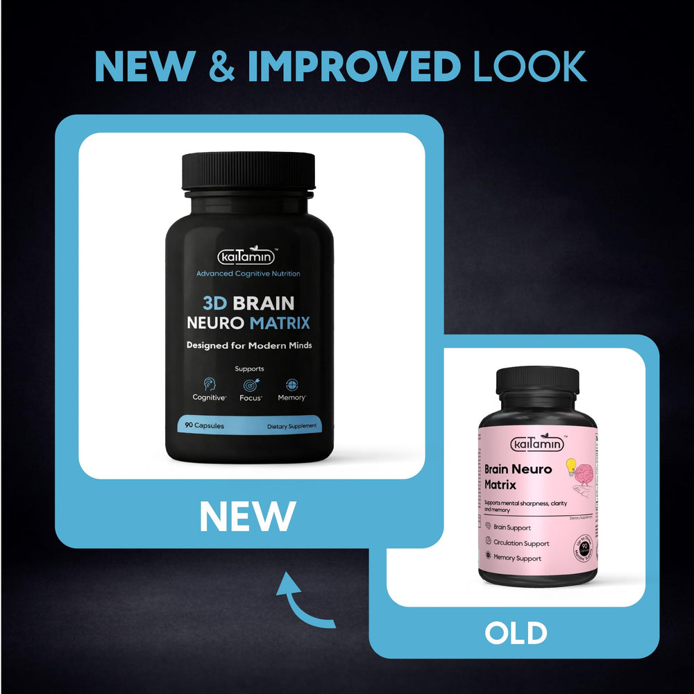 Close-up of Kaitamin Brain Neuro Matrix capsules highlighting vegan, caffeine-free nootropics for daily focus