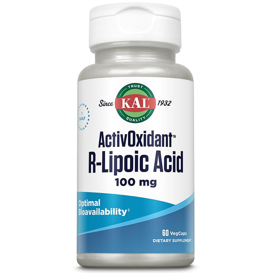 KAL 100 mg R-lipoic acid activoxidant tablets bottle for antioxidant support