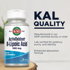 KAL 100 mg R-lipoic acid tablets dosage panel closeup