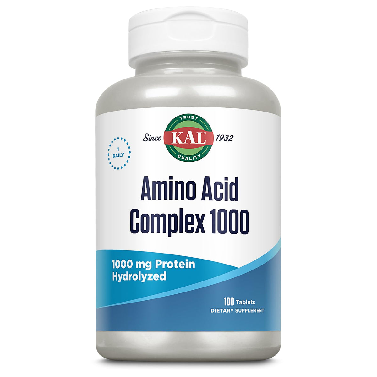 KAL Amino Acid Complex Tablets bottle close-up, highlighting quality for daily gym routines.