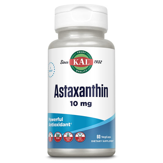KAL Astaxanthin 10mg bottle front with vegan antioxidant branding.