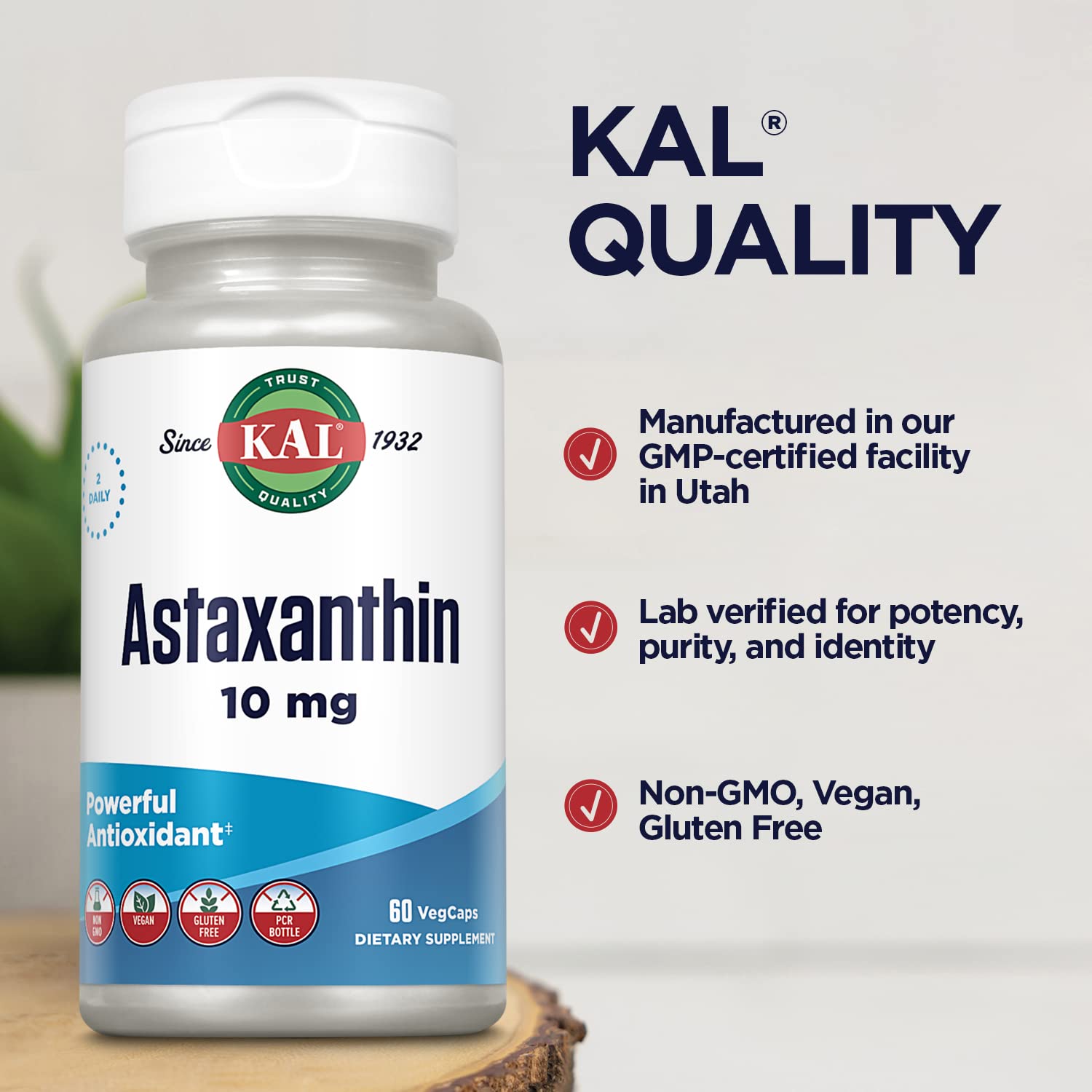 KAL Astaxanthin lab-testing seal and Utah facility.
