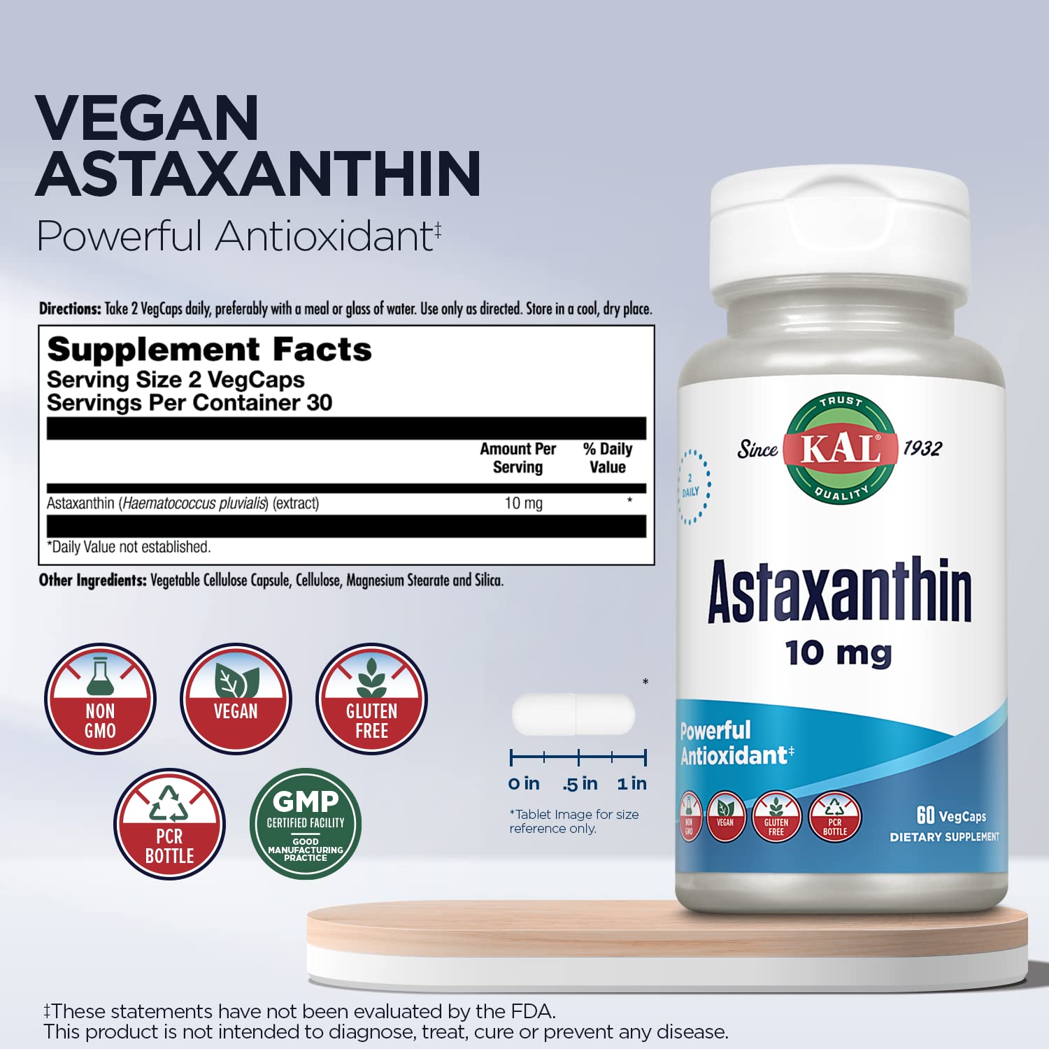 Close-up of KAL Astaxanthin VegCaps for daily use.