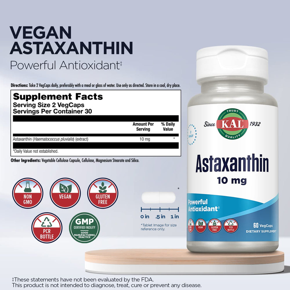 Close-up of KAL Astaxanthin VegCaps for daily use.