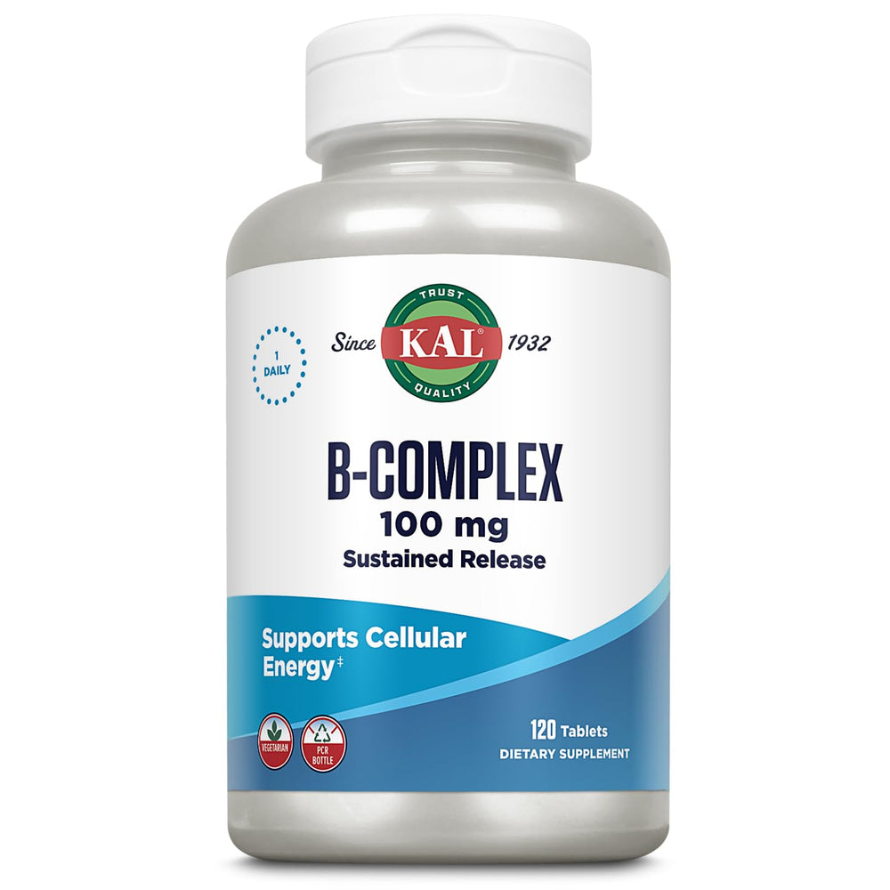 KAL B-100 Complex bottle front view with mint coating for enhanced taste.