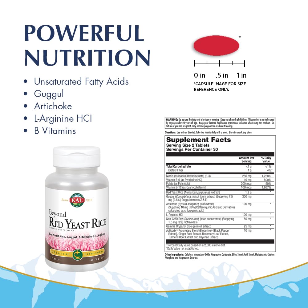 KAL Beyond Red Yeast Rice bottle back showing ingredients and dosage for easy reference