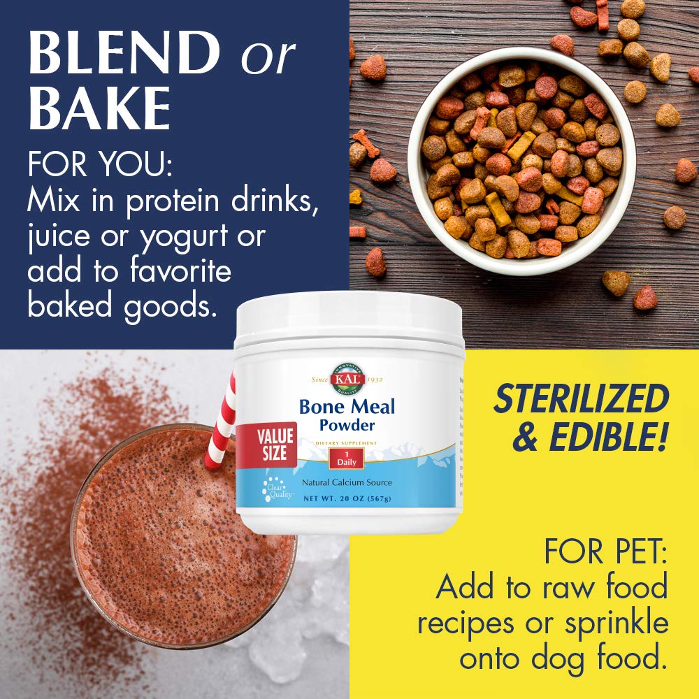 KAL Bone Meal Powder glass bottle on clean counter suggests versatile kitchen use.