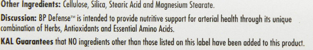KAL BP Defense ingredients label close-up highlighting hawthorn and Pycnogenol