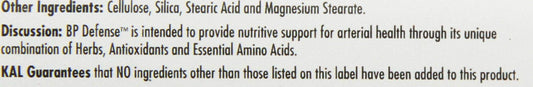 KAL BP Defense ingredients label close-up highlighting hawthorn and Pycnogenol