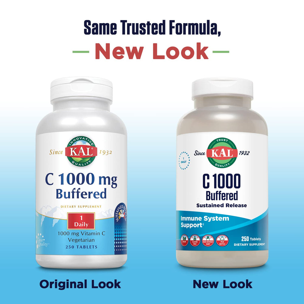 Close-up of KAL C-1000 tablets with 1000 mg dosage for steady release