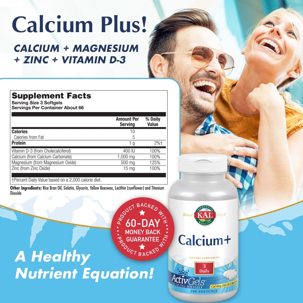 KAL Calcium Plus softgels bottle label detail highlighting 1000 mg calcium per serving.
