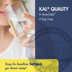 KAL Calcium Plus softgels shown with water to suggest daily use.