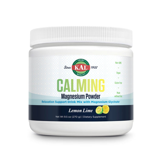 KAL Calming Magnesium Powder bottle with lemon-lime flavor for relaxed evenings.