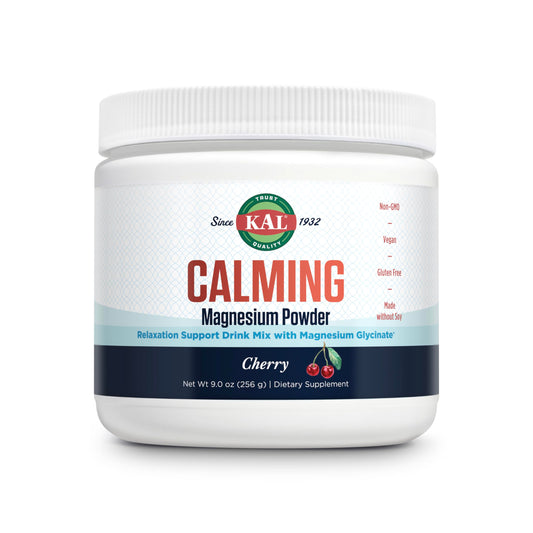 KAL Calming Magnesium Powder cherry bottle for easy daily relaxation support.