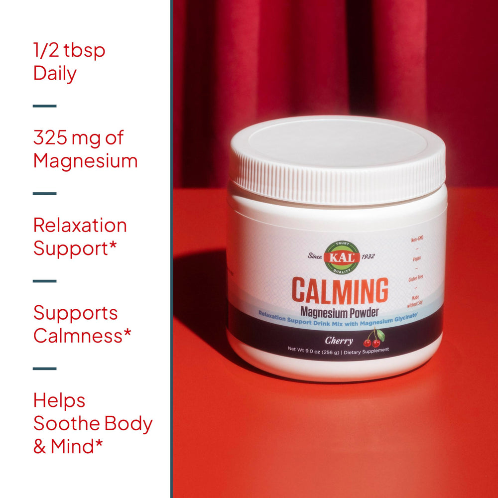 KAL Calming Magnesium Powder cherry label highlights vegan, gluten-free, and sugar-free formulation.