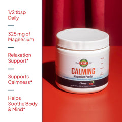 KAL Calming Magnesium Powder cherry label highlights vegan, gluten-free, and sugar-free formulation.