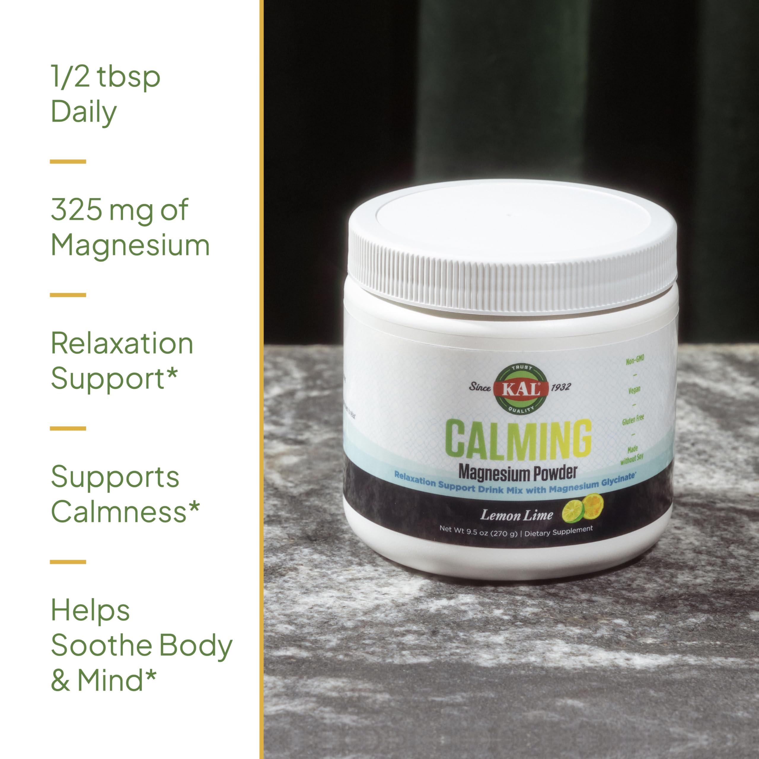 KAL Calming Magnesium Powder label shows vegan, gluten-free, soy-free formula.