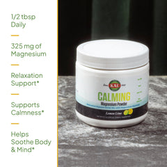 KAL Calming Magnesium Powder label shows vegan, gluten-free, soy-free formula.