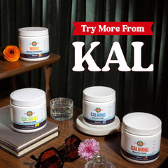 KAL Calming Magnesium Powder bottle beside a wellness routine setup.