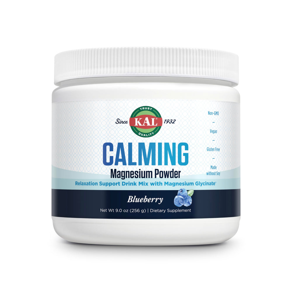 KAL Calming Magnesium Blueberry bottle illustrates high absorption for daily relaxation.