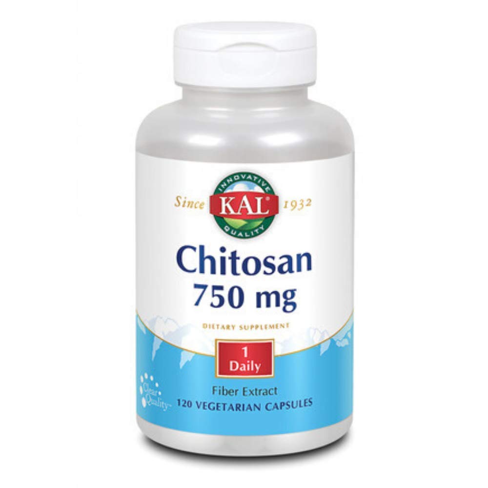 KAL Chitosan 750 mg tablets bottle highlighting high-activity chitosan for fiber-like support.