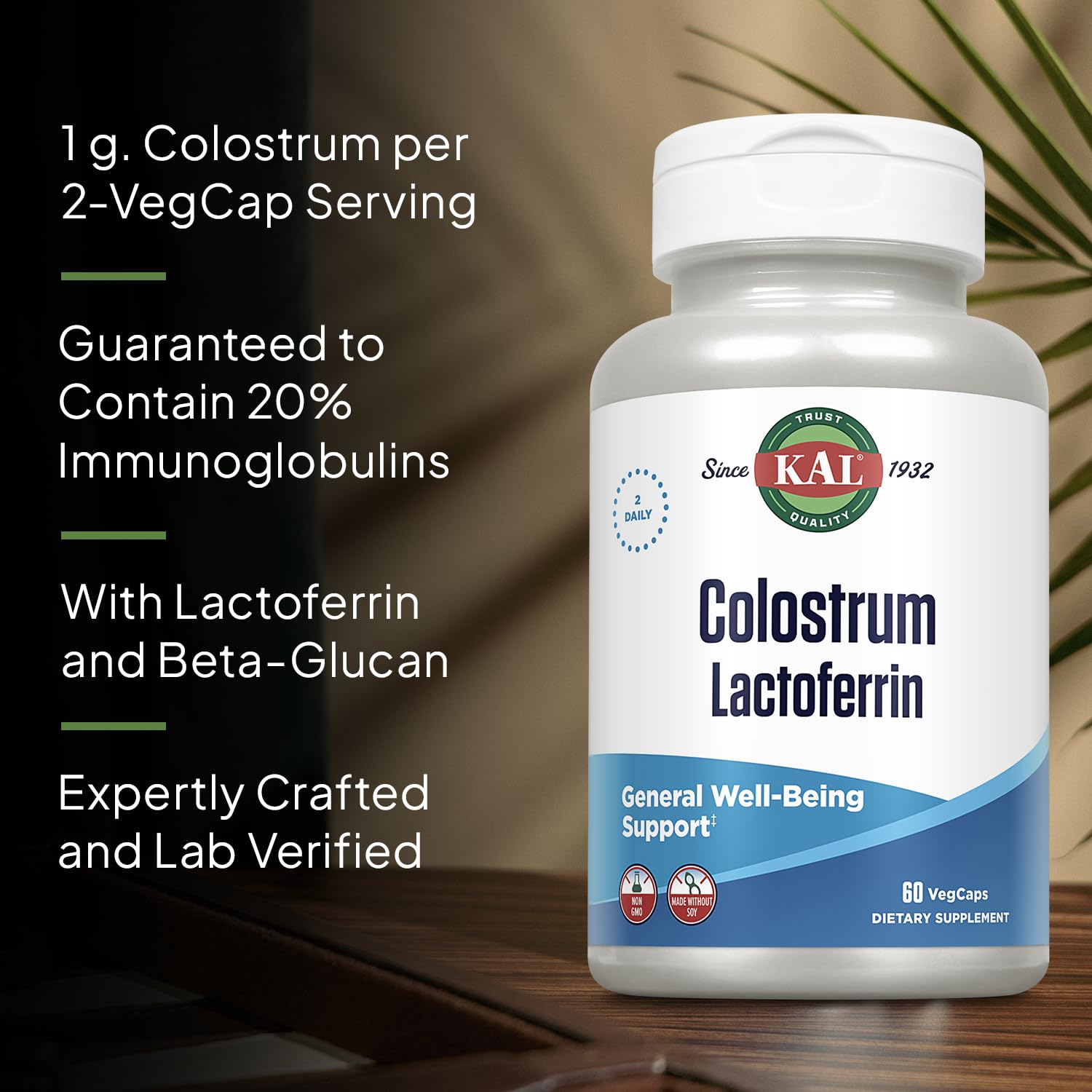KAL Colostrum Lactoferrin beta-glucan yeast label shows added gut support.
