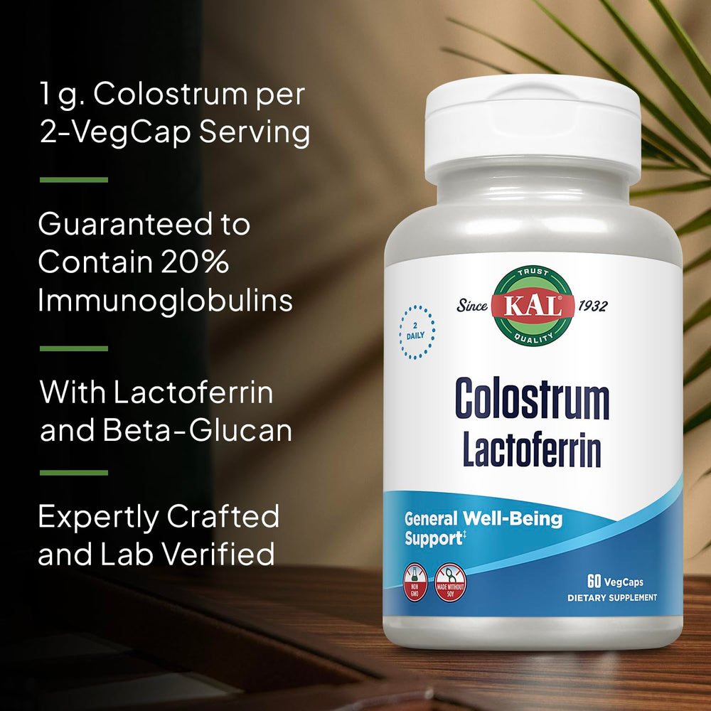 KAL Colostrum Lactoferrin beta-glucan yeast label shows added gut support.