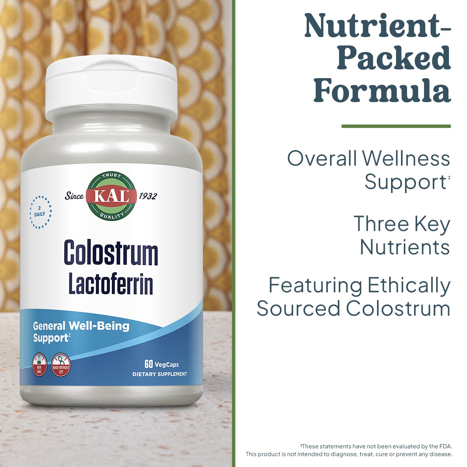 KAL Colostrum Lactoferrin immunoglobulins label highlights quality ingredients.
