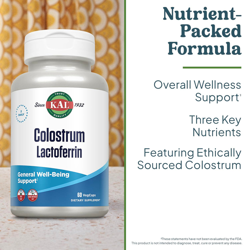KAL Colostrum Lactoferrin immunoglobulins label highlights quality ingredients.