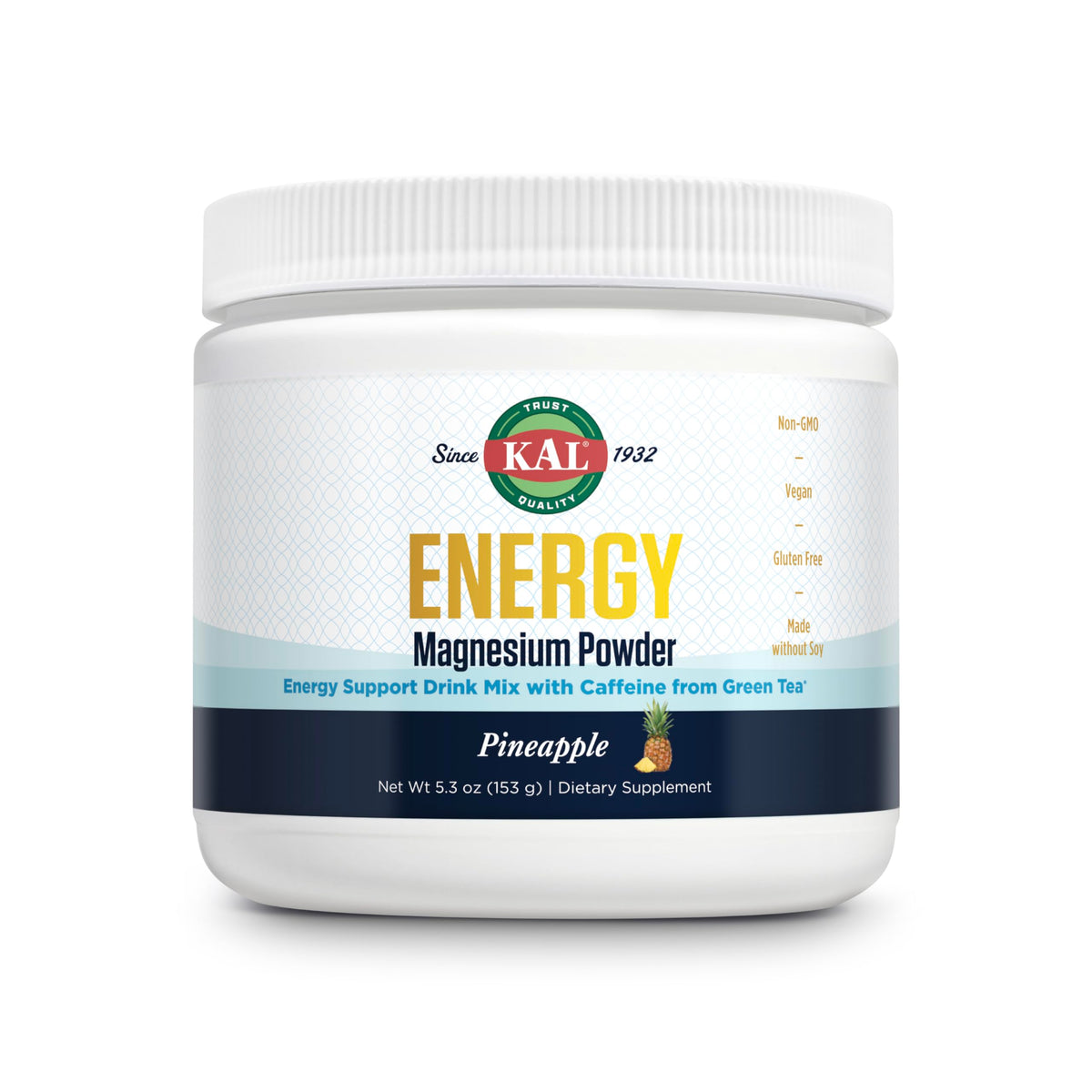 KAL Energy Magnesium Pineapple powder bottle ready to mix for daytime energy.