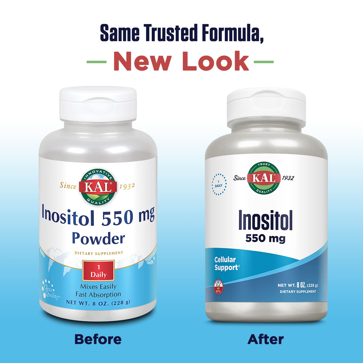 Close-up of KAL Inositol powder label highlighting purity and potency