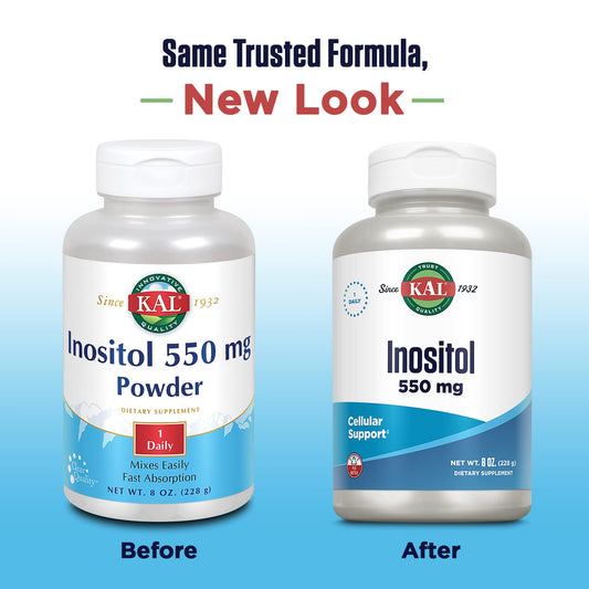 Close-up of KAL Inositol powder label highlighting purity and potency