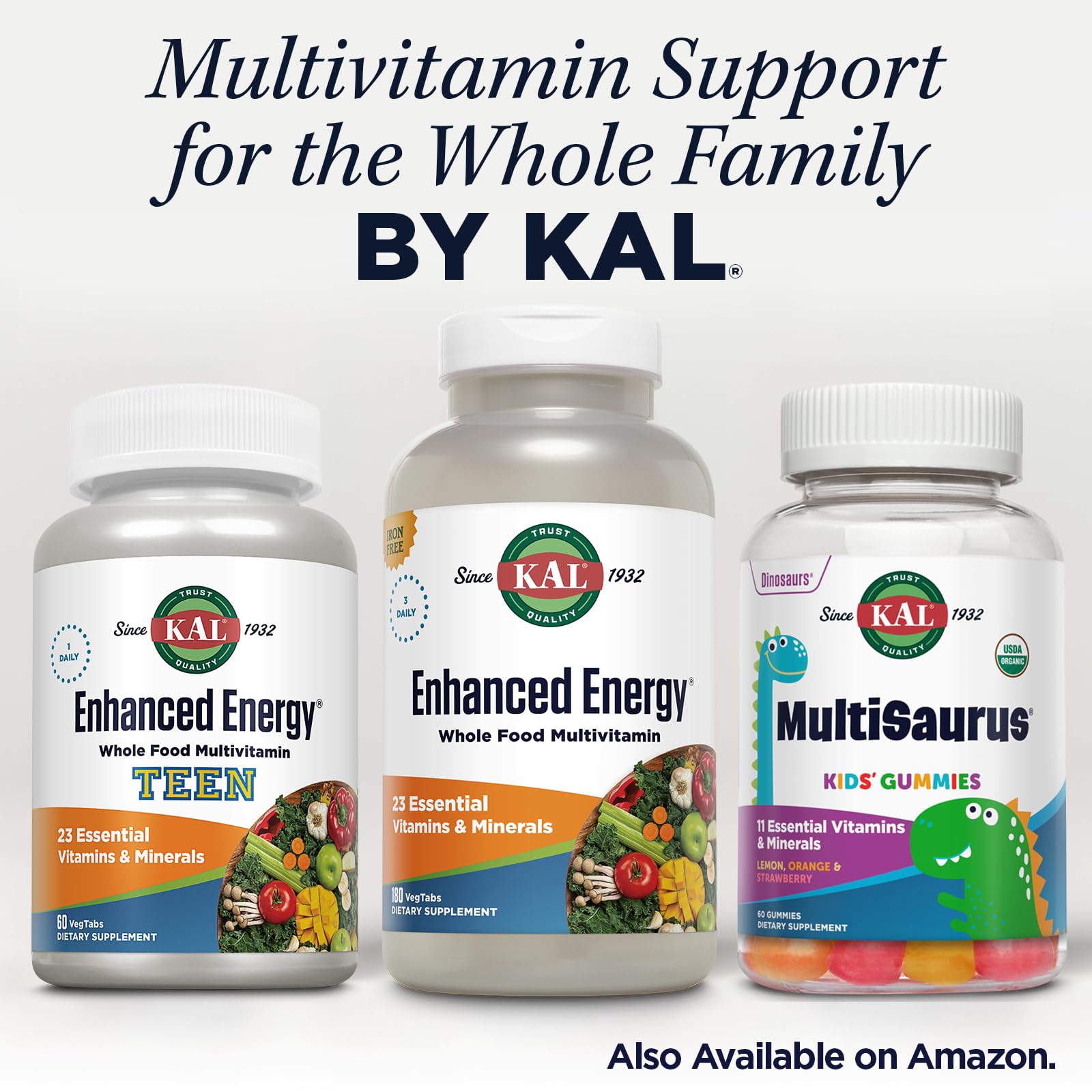 Iron-free KAL Enhanced Energy Multivitamin label on packaging.