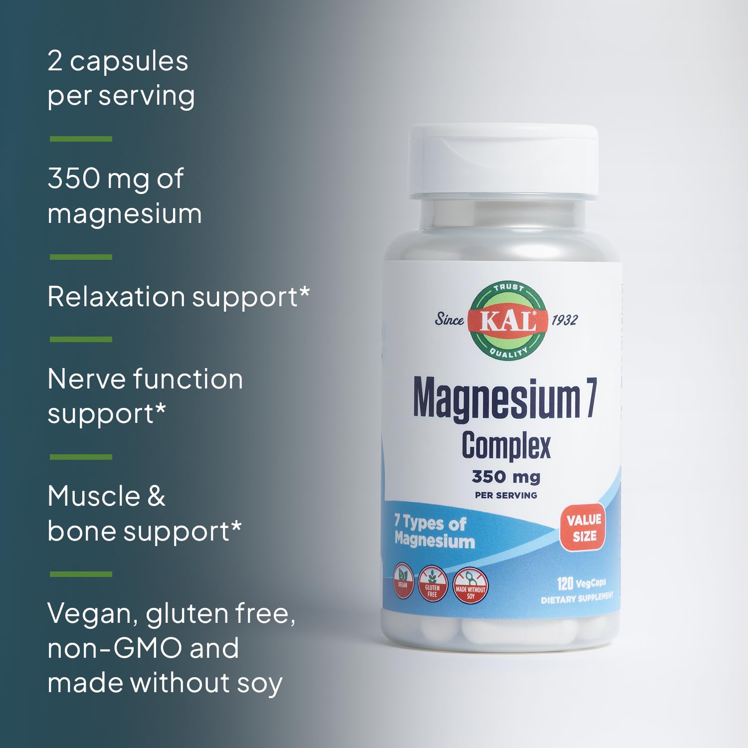 KAL Magnesium Complex 7 vegan gluten-free badge signals inclusive supplement