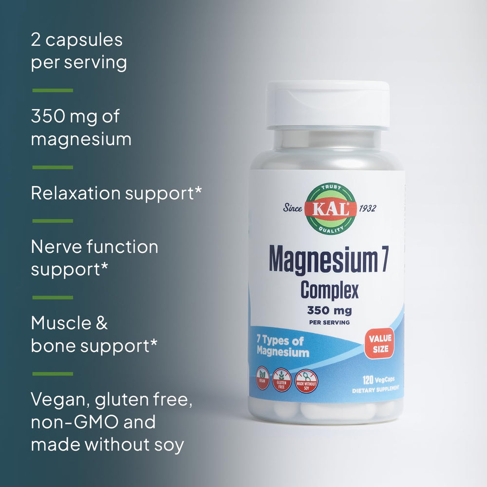 KAL Magnesium Complex 7 vegan gluten-free badge signals inclusive supplement