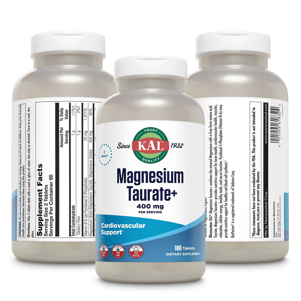 KAL Magnesium Taurate Plus label details reveal vegan, gluten-free formula.
