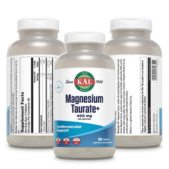 KAL Magnesium Taurate Plus label details reveal vegan, gluten-free formula.