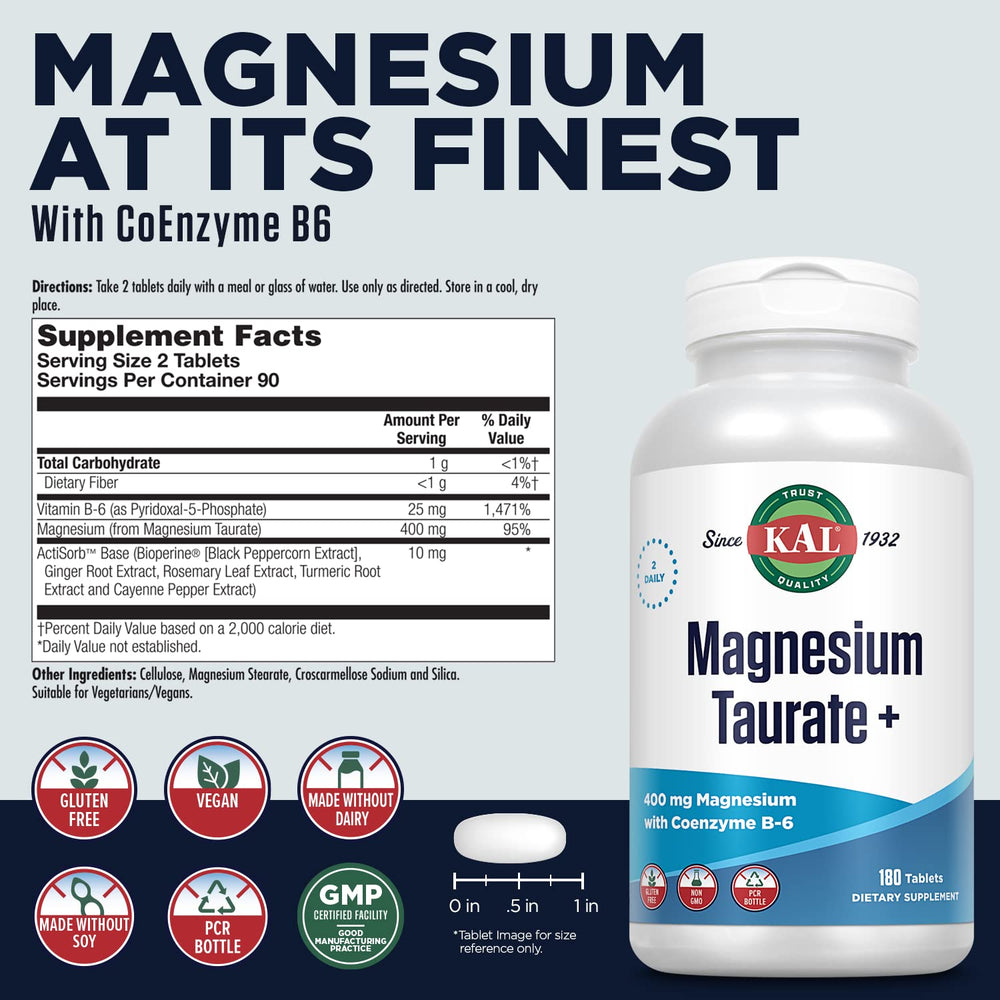 KAL Magnesium Taurate Plus tablets closeup showing chelated magnesium.