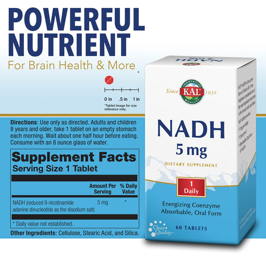KAL NADH 5mg bottle close-up showing enteric coating for absorption.