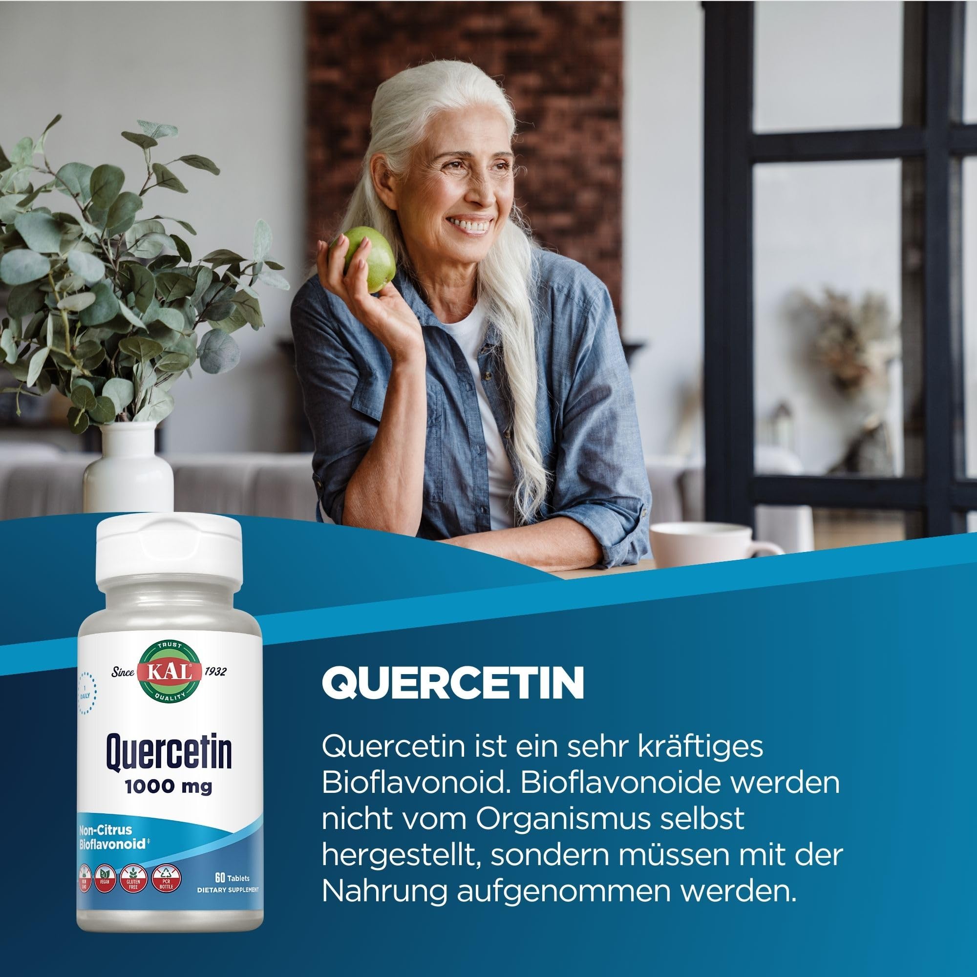 KAL Quercetin 1000mg tablets front-packaging highlighting vegan, non-GMO formula.