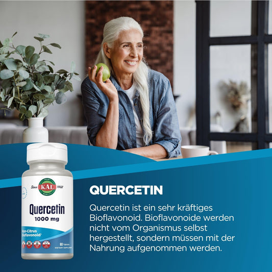 KAL Quercetin 1000mg tablets front-packaging highlighting vegan, non-GMO formula.
