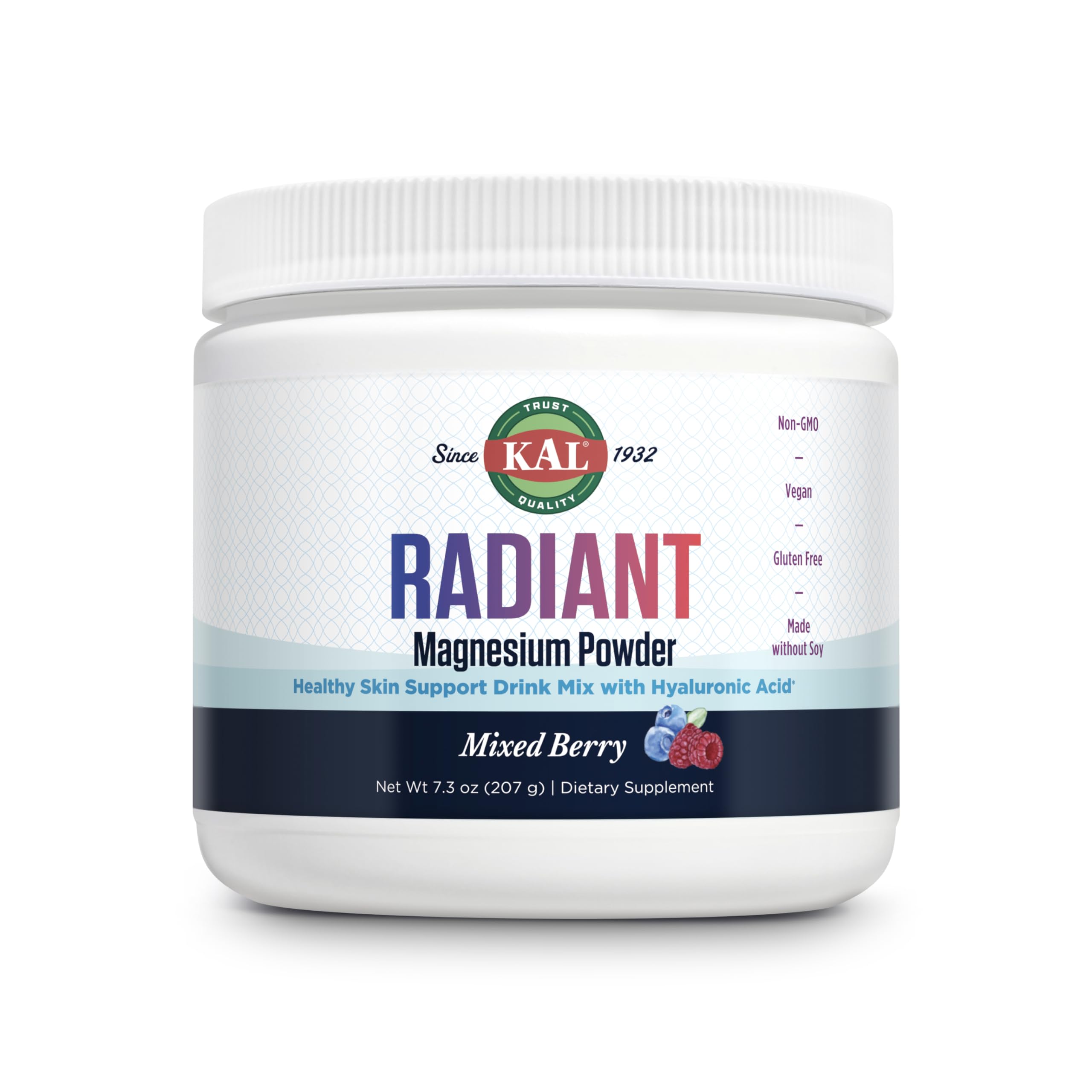 KAL Radiant Magnesium Powder bottle shows mixed berry flavor and skin elasticity support