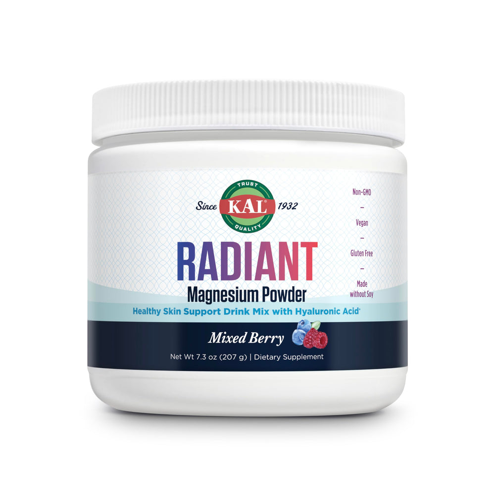 KAL Radiant Magnesium Powder bottle shows mixed berry flavor and skin elasticity support